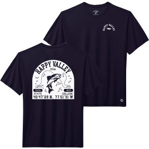 back and front view of navy Happy Valley fly fishing t-shirt
